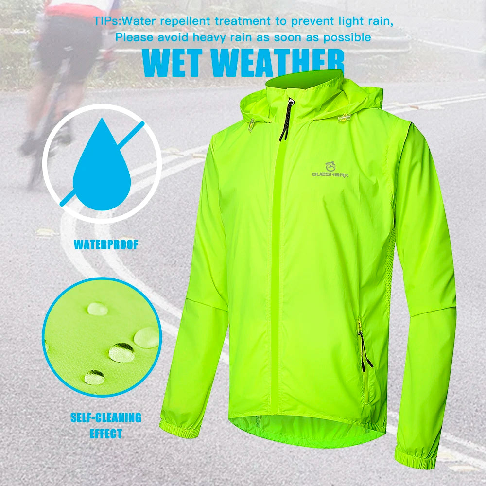 QUESHARK Men’s Convertible Cycling Jacket – Windproof, Water-Repellent, Reflective with Detachable Sleeves