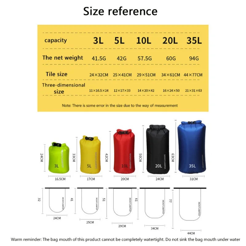 Ultralight 30D Nylon Waterproof Dry Bag 3L–35L for Kayaking, Camping & Water Sports