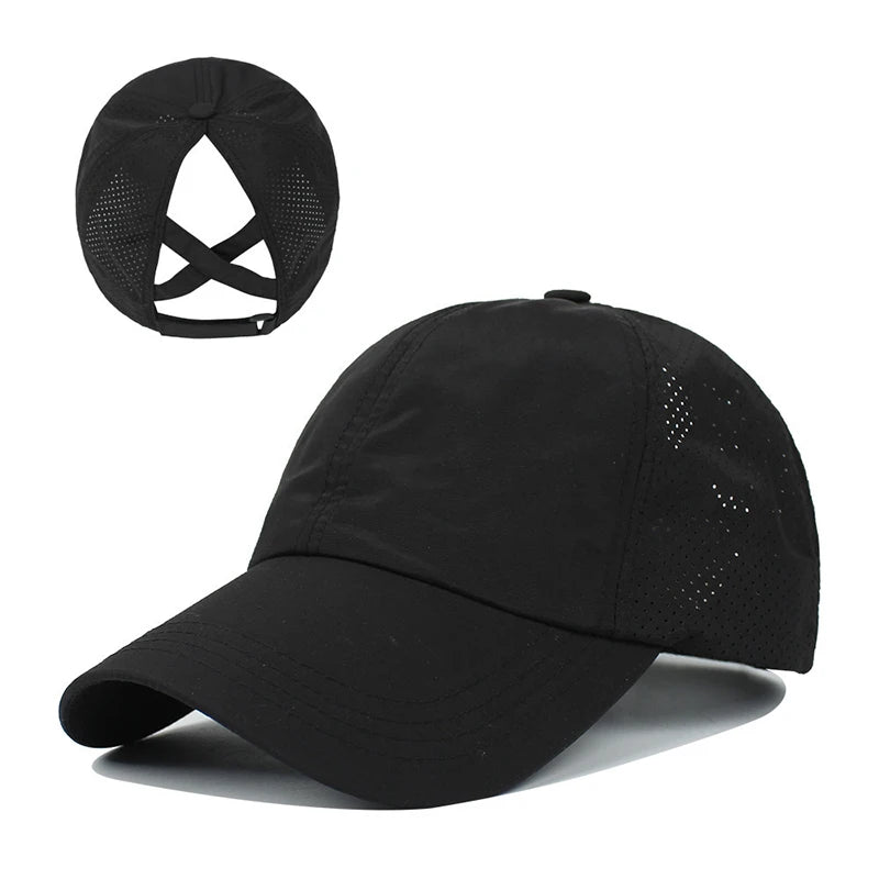 Summer Solid Colour Quick-Dry Baseball Cap with Mesh Ponytail Design
