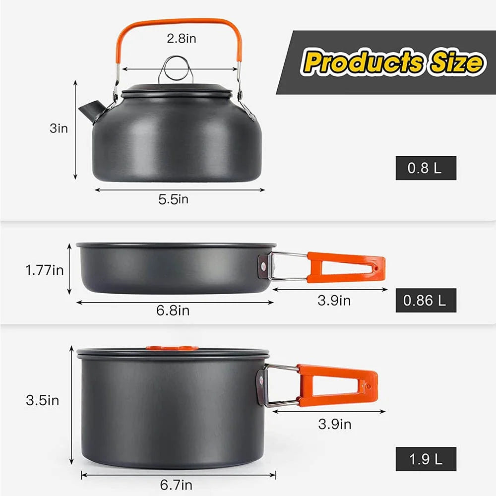 LISM Camping Cookware Set 2-3 Person Non-Stick Pots Frying Pan Teapot Kit