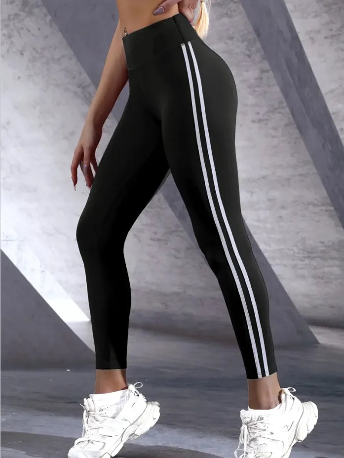 Women’s High-Waisted Athletic Leggings – Slim Fit, Side Stripes, Running Tights
