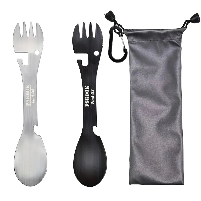 PSKOOK 5-in-1 Stainless Steel Spork Multi-Tool Camping Fork Knife Spoon Opener