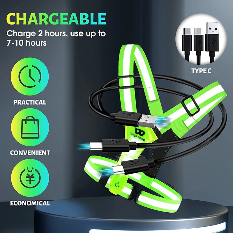 USB Rechargeable LED Reflective Vest | Adjustable High Visibility Safety Vest for Night Running