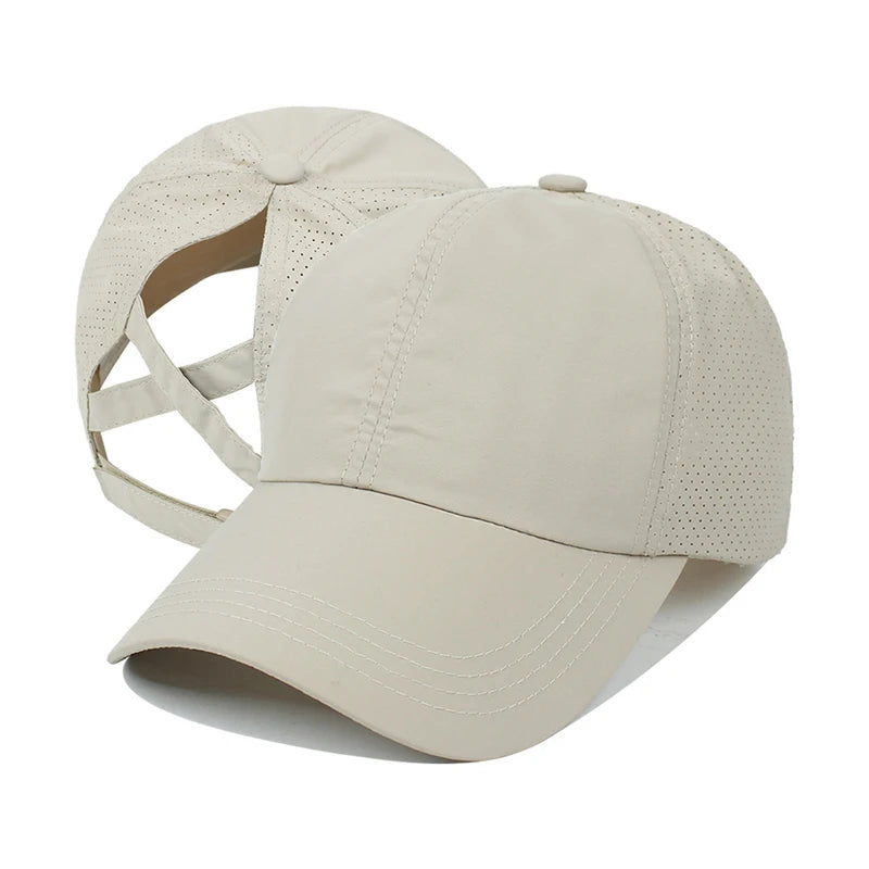 Summer Solid Colour Quick-Dry Baseball Cap with Mesh Ponytail Design