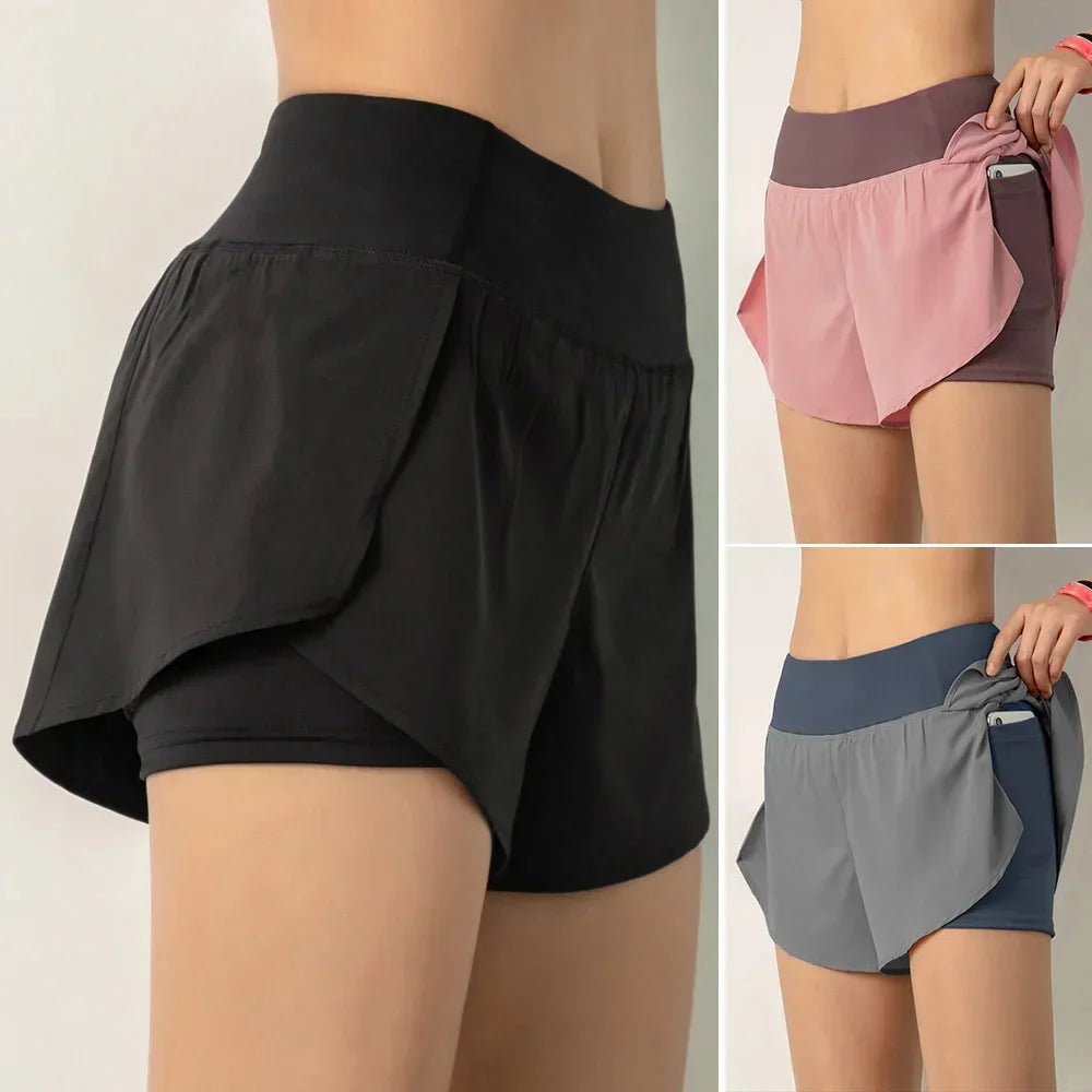 Women’s 2-in-1 Running Shorts – Quick-Dry, Wide Waistband, Pocket, Lightweight Fit