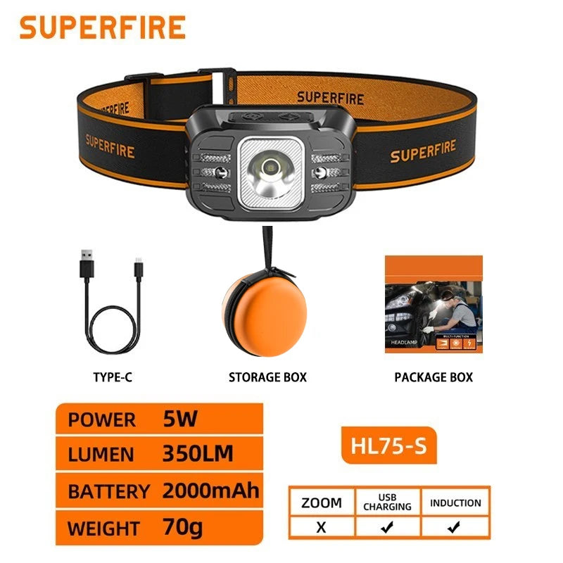 SUPERFIRE HL75 Mini USB-C Rechargeable LED Headlamp – Lightweight Sensor Torch