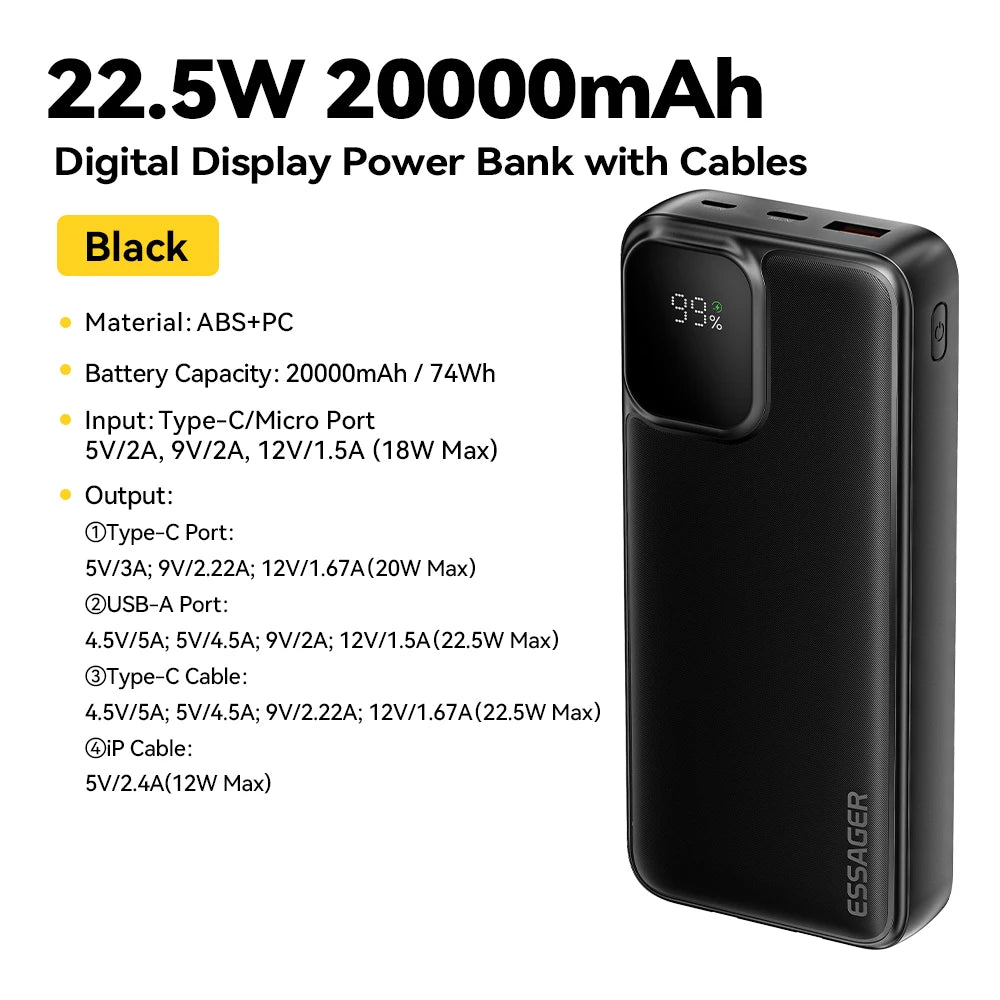 ESSAGER 20000mAh Power Bank 22.5W Fast Charging with Built-in Cables & PD