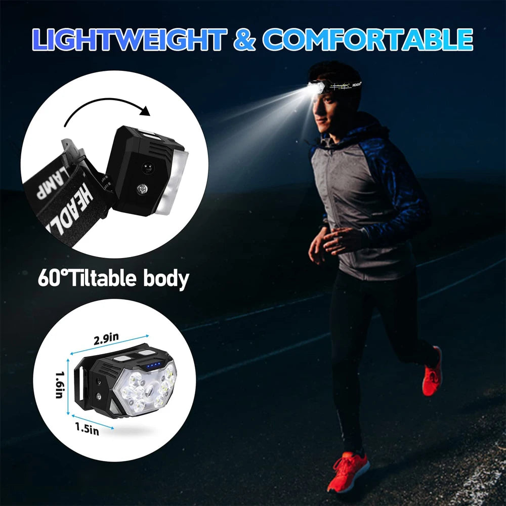 USB Rechargeable 9 LED Headlamp with Motion Sensor, Waterproof Lightweight Head Torch for Running