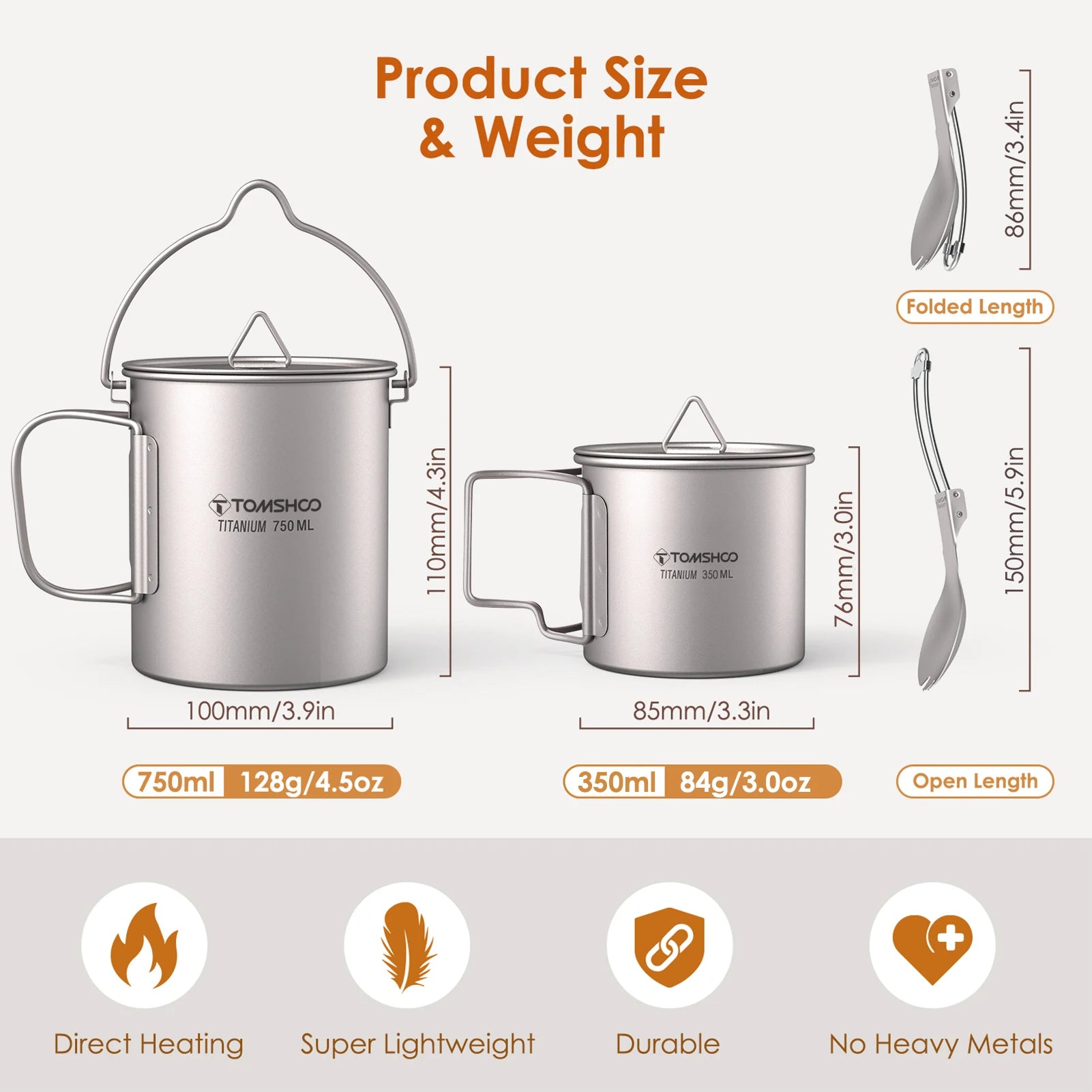 TOMSHOO Titanium Camping Cookware Set 750ml Pot 450ml Cup with Folding Spork