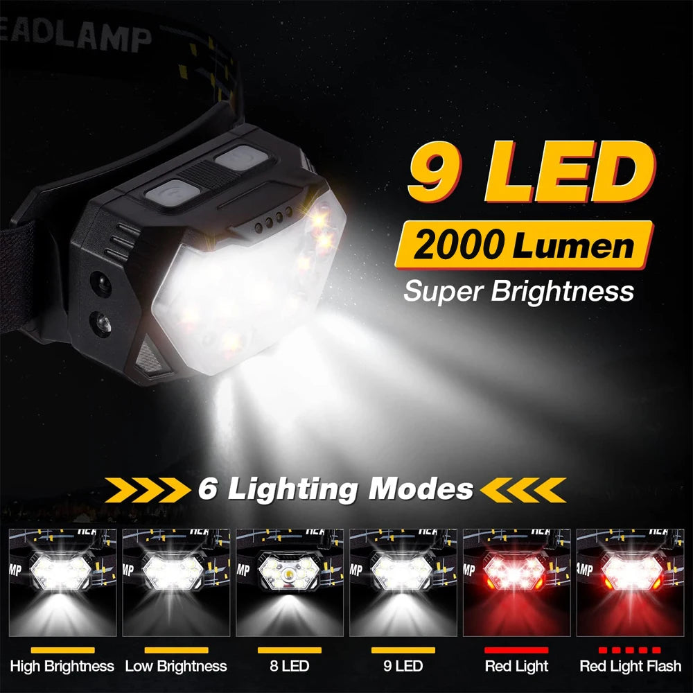 USB Rechargeable 9 LED Headlamp with Motion Sensor, Waterproof Lightweight Head Torch for Running