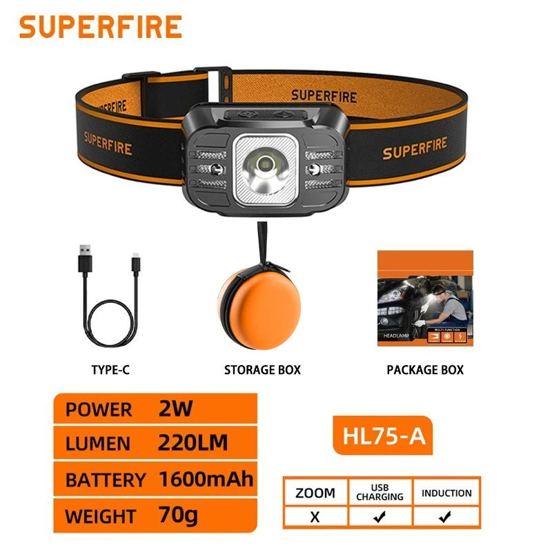 SUPERFIRE HL75 Mini USB-C Rechargeable LED Headlamp – Lightweight Sensor Torch