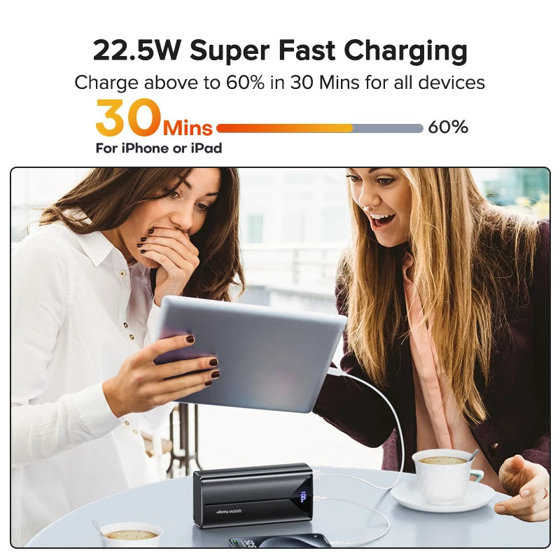 QOOVI 30000mAh Fast Charging Power Bank – Built-in Cables, USB-C, Digital Display Charger