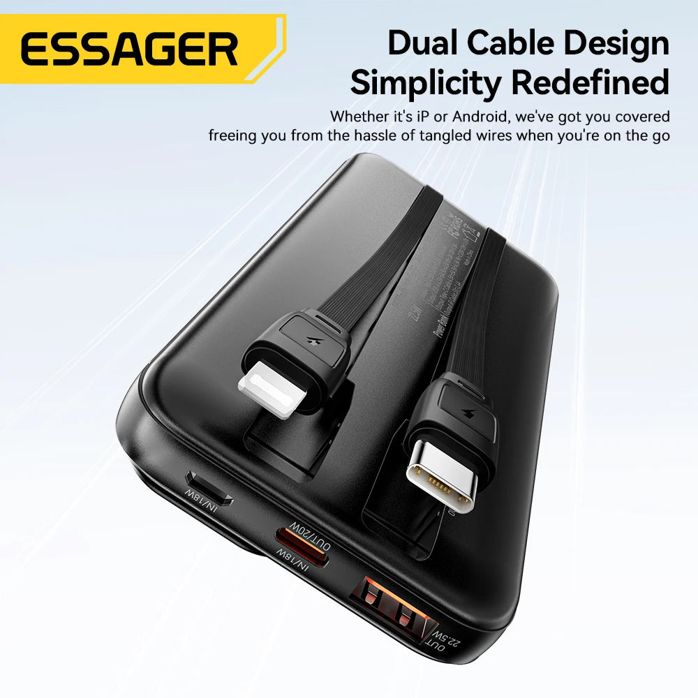 ESSAGER 20000mAh Power Bank 22.5W Fast Charging with Built-in Cables & PD