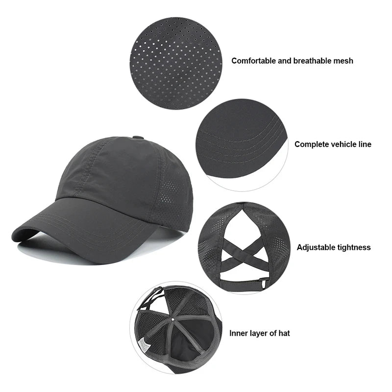 Summer Solid Colour Quick-Dry Baseball Cap with Mesh Ponytail Design