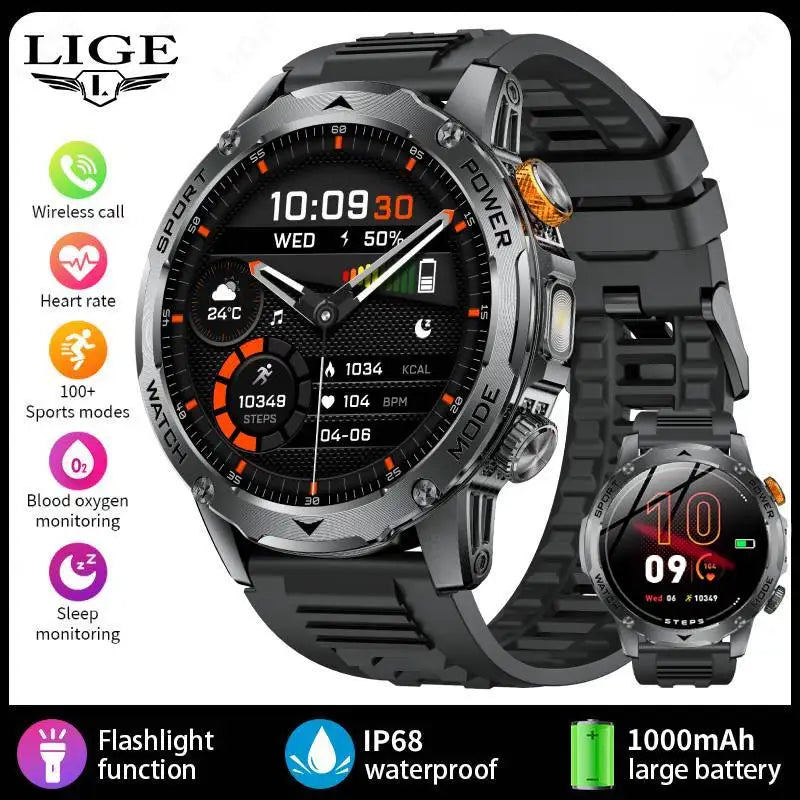 LIGE Smart Watch Men Bluetooth Call Outdoor Fitness Watch AMOLED 1000mAh Waterproof