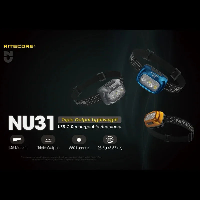 NITECORE NU31 Rechargeable Headlamp – 550 Lumens, Triple Output, Lightweight USB-C Headlight