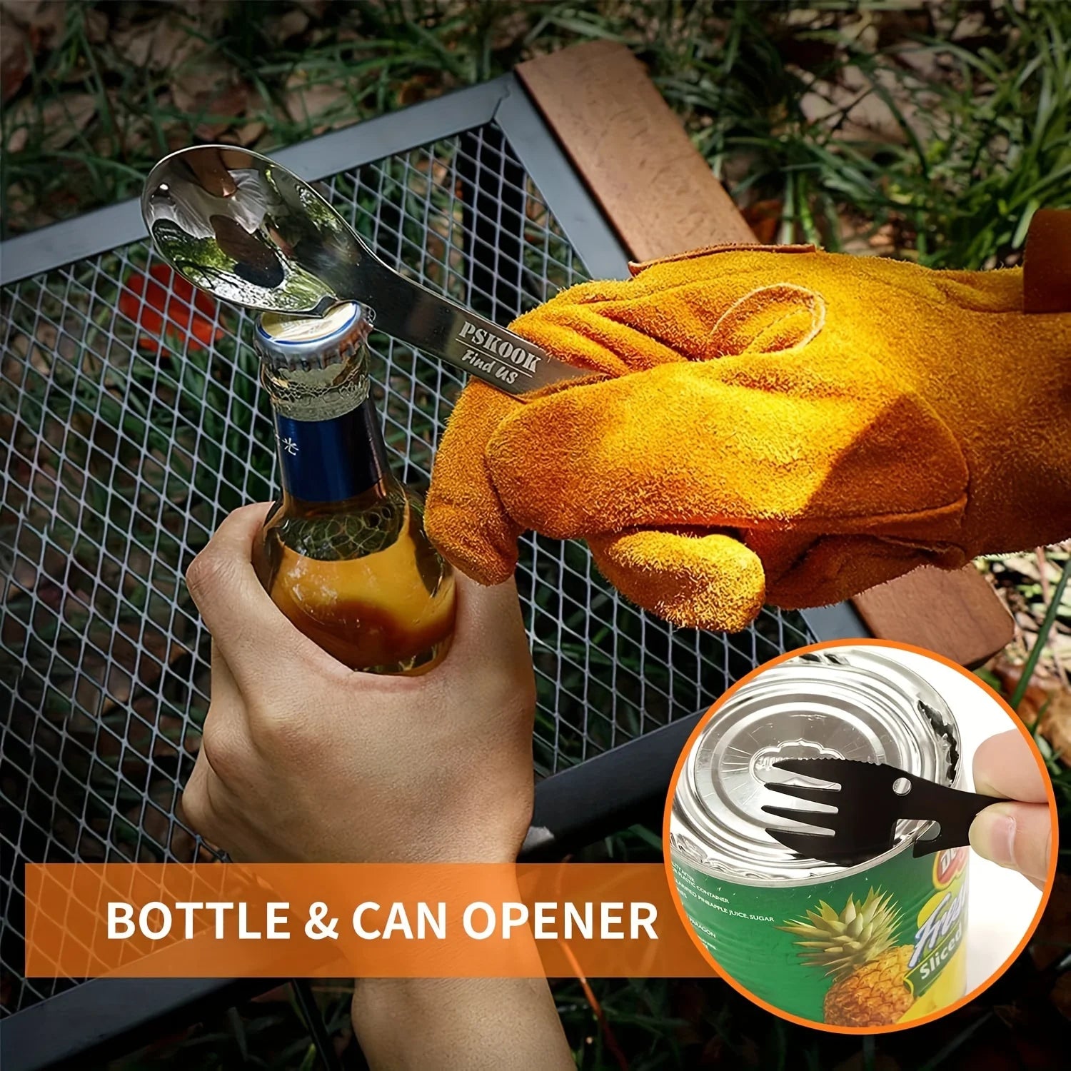 PSKOOK 5-in-1 Stainless Steel Spork Multi-Tool Camping Fork Knife Spoon Opener