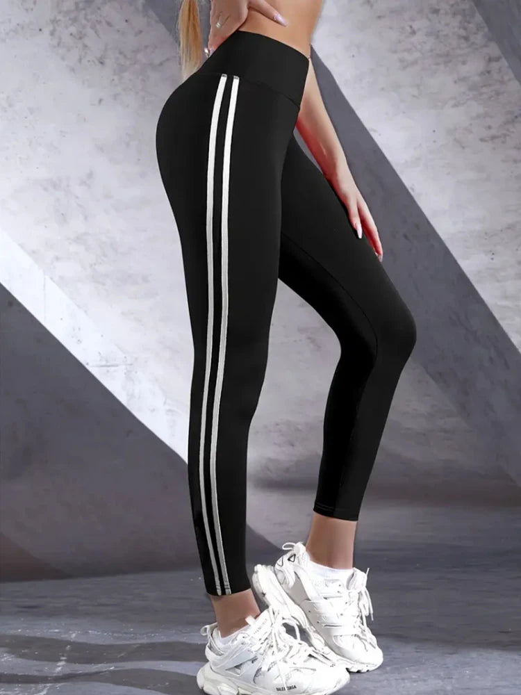 Women’s High-Waisted Athletic Leggings – Slim Fit, Side Stripes, Running Tights