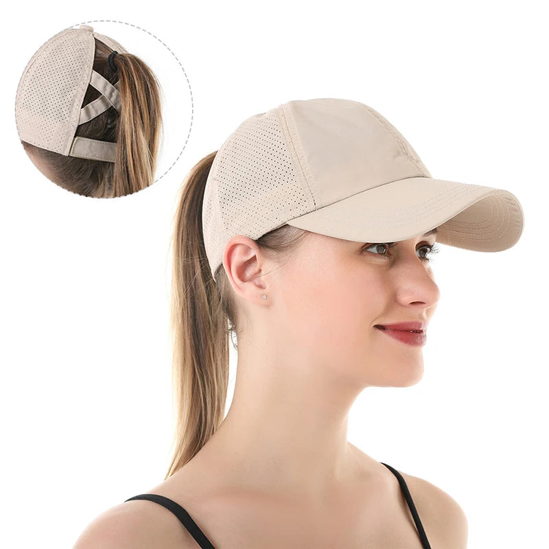 Summer Solid Colour Quick-Dry Baseball Cap with Mesh Ponytail Design