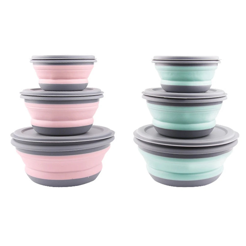Portable Folding Silicone Lunch Box Set 3Pcs Collapsible Camping Food Containers with Lids