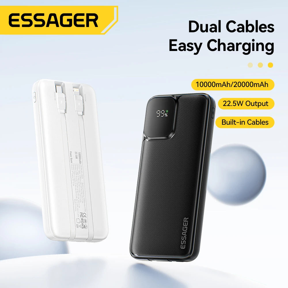 ESSAGER 20000mAh Power Bank 22.5W Fast Charging with Built-in Cables & PD