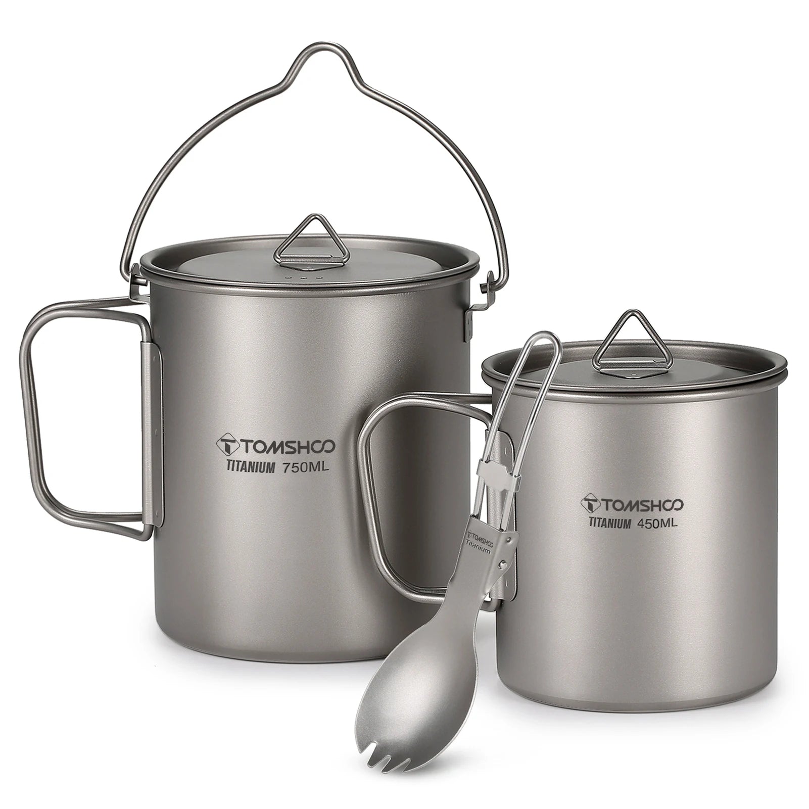 TOMSHOO Titanium Camping Cookware Set 750ml Pot 450ml Cup with Folding Spork