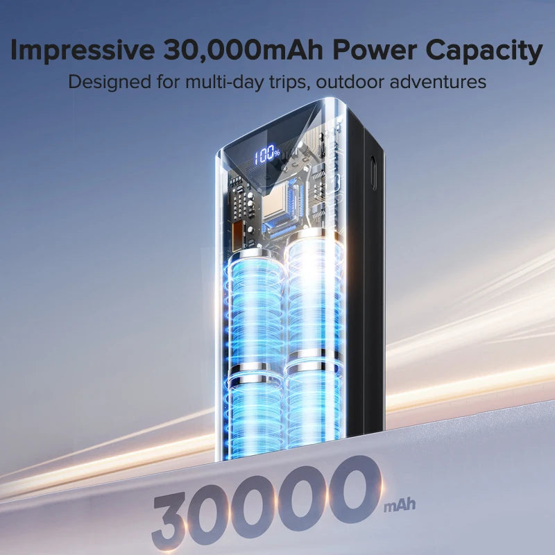 QOOVI 30000mAh Fast Charging Power Bank – Built-in Cables, USB-C, Digital Display Charger