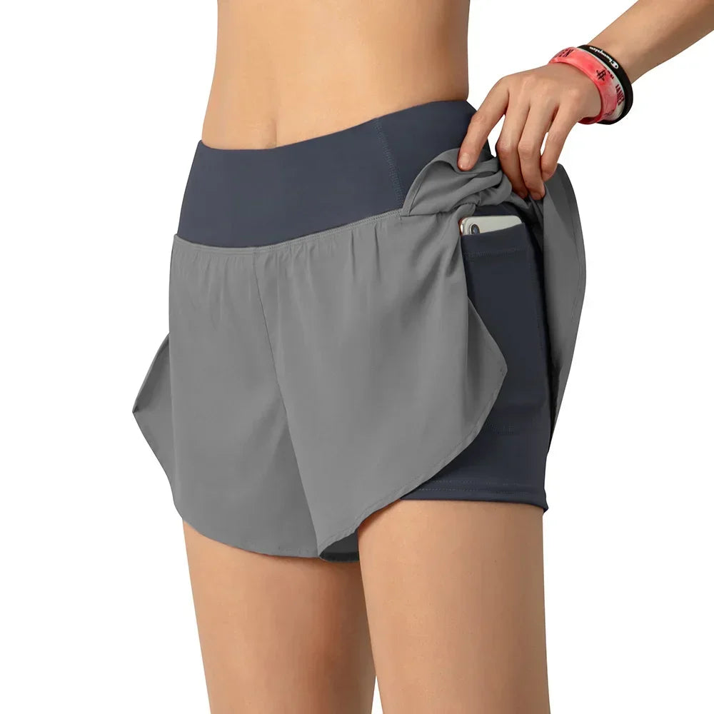Women’s 2-in-1 Running Shorts – Quick-Dry, Wide Waistband, Pocket, Lightweight Fit