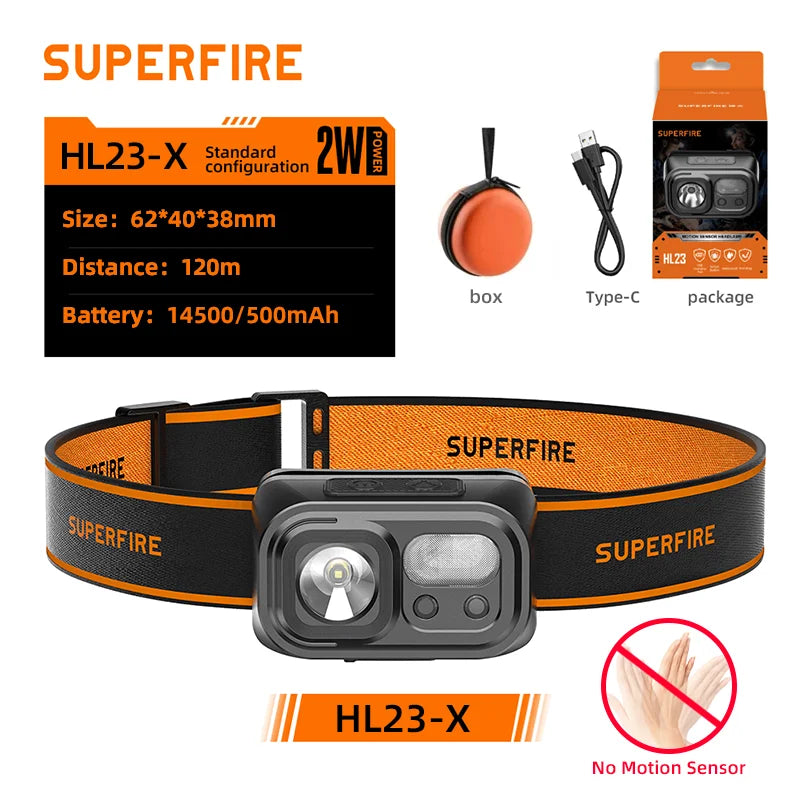 SUPERFIRE Mini USB C Rechargeable Headlamp – LED Sensor Headlight for Hiking, Camping, Work