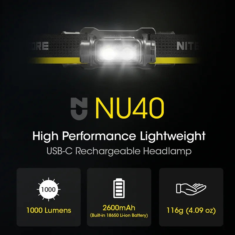 NITECORE NU40 USB-C Rechargeable Headlamp 1000 Lumens Trail Running Camping