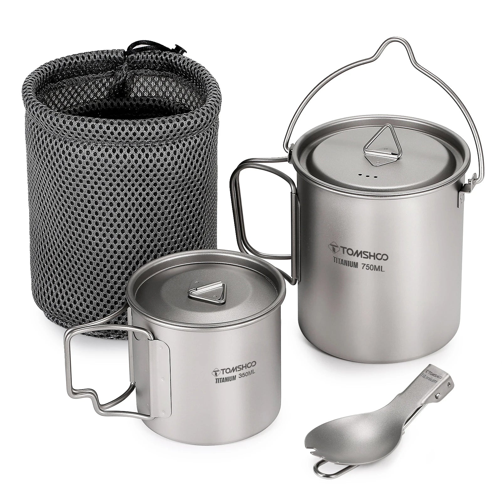 TOMSHOO Titanium Camping Cookware Set 750ml Pot 450ml Cup with Folding Spork