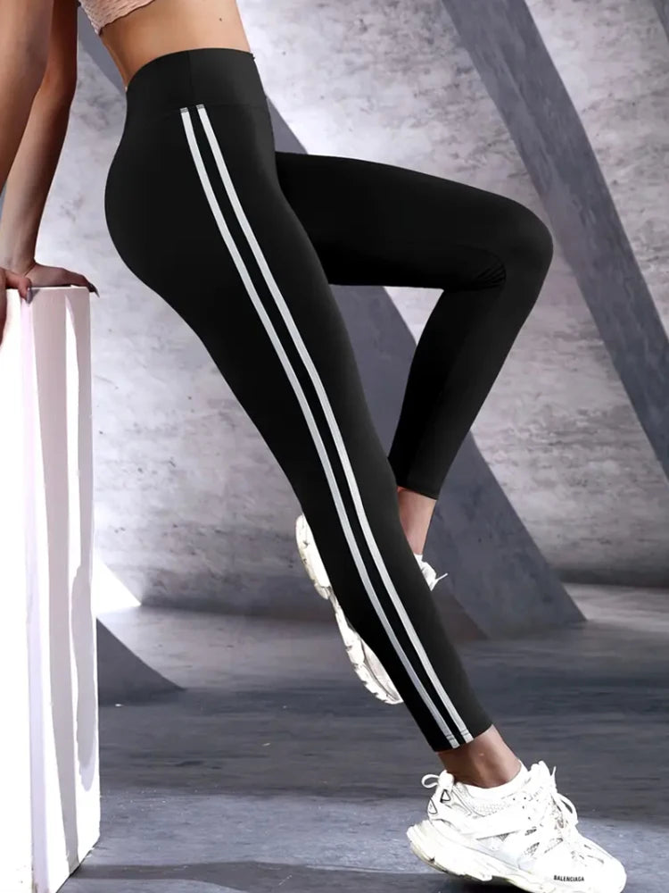 Women’s High-Waisted Athletic Leggings – Slim Fit, Side Stripes, Running Tights