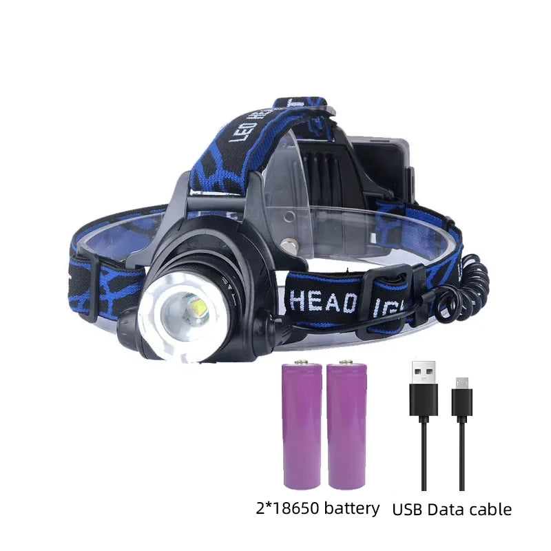 High Lumen Rechargeable LED Headlamp with Zoom Focus, Waterproof, Adjustable Head Strap for Running