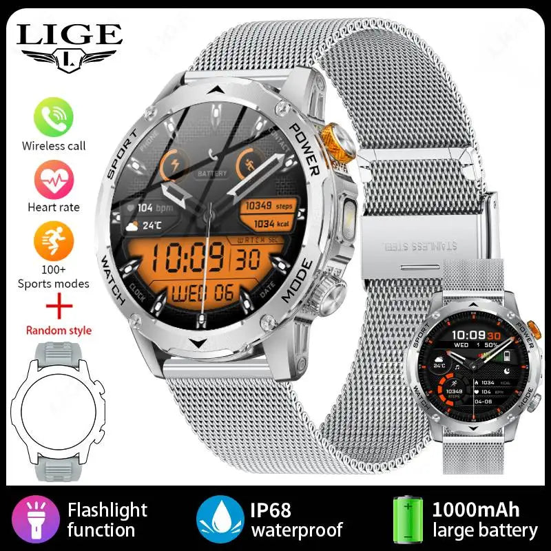 LIGE Smart Watch Men Bluetooth Call Outdoor Fitness Watch AMOLED 1000mAh Waterproof