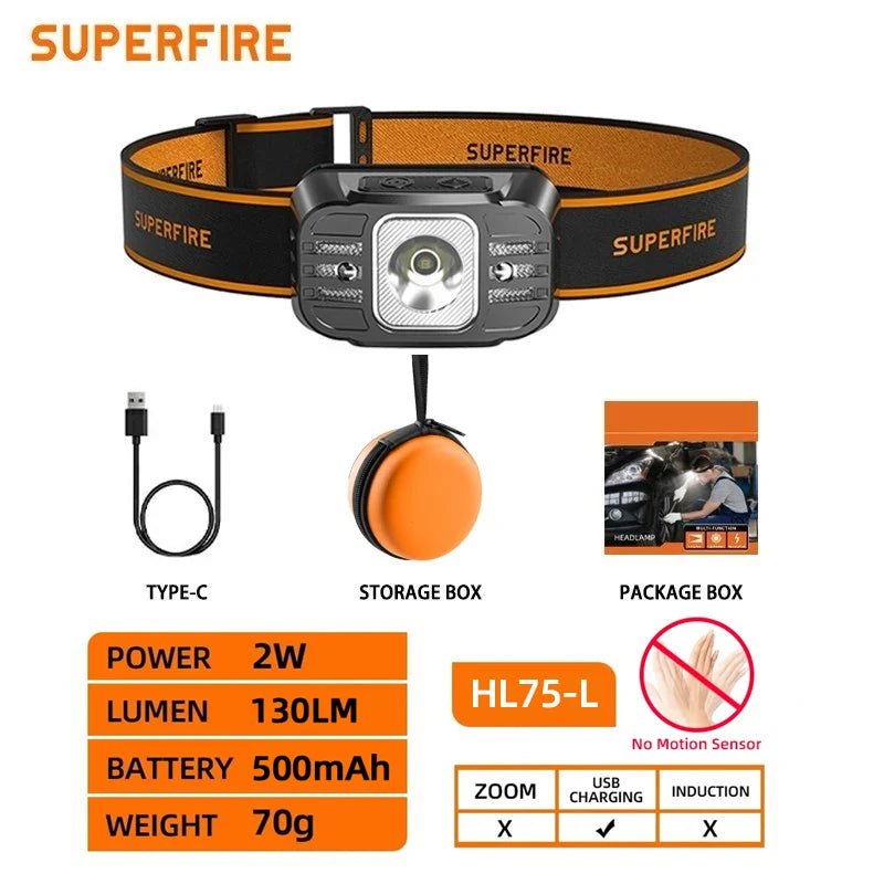 SUPERFIRE HL75 Mini USB-C Rechargeable LED Headlamp – Lightweight Sensor Torch