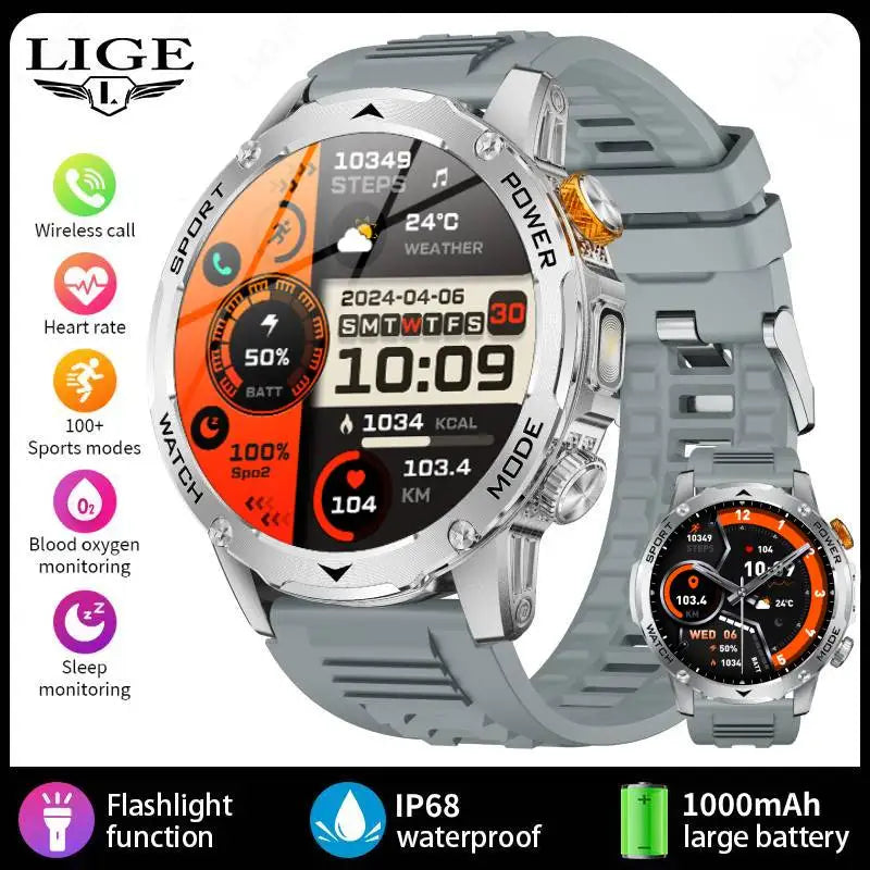 LIGE Smart Watch Men Bluetooth Call Outdoor Fitness Watch AMOLED 1000mAh Waterproof