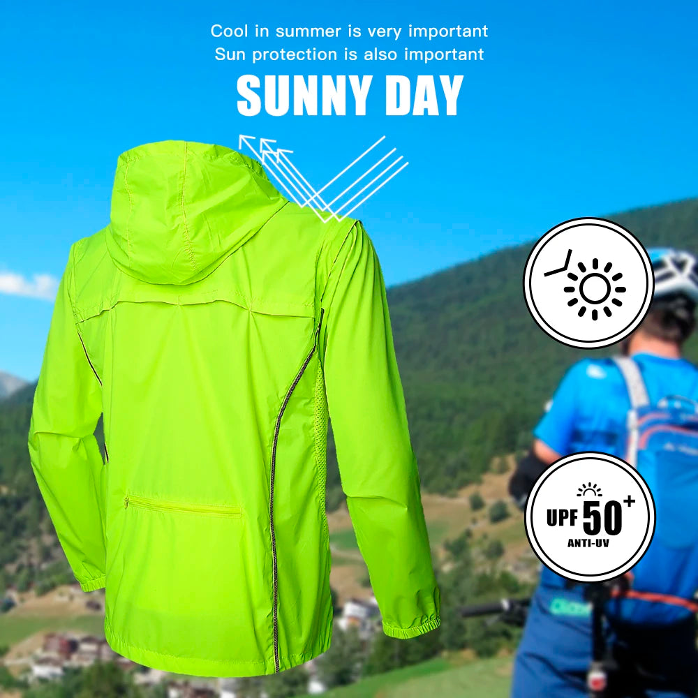 QUESHARK Men’s Convertible Cycling Jacket – Windproof, Water-Repellent, Reflective with Detachable Sleeves
