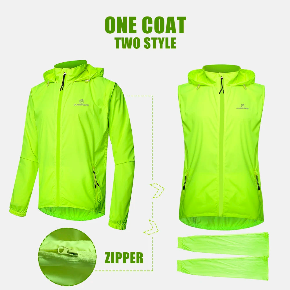 QUESHARK Men’s Convertible Cycling Jacket – Windproof, Water-Repellent, Reflective with Detachable Sleeves