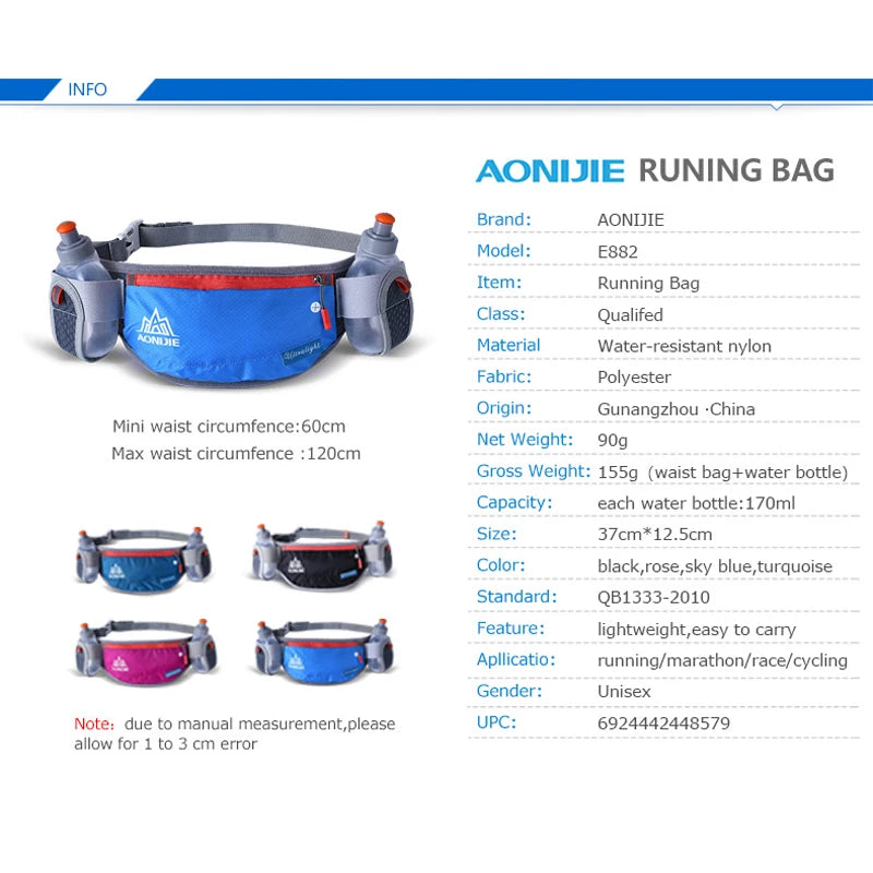 AONIJIE E882 Hydration Running Belt – Waist Bag with Phone Holder & 2×170ml Bottles