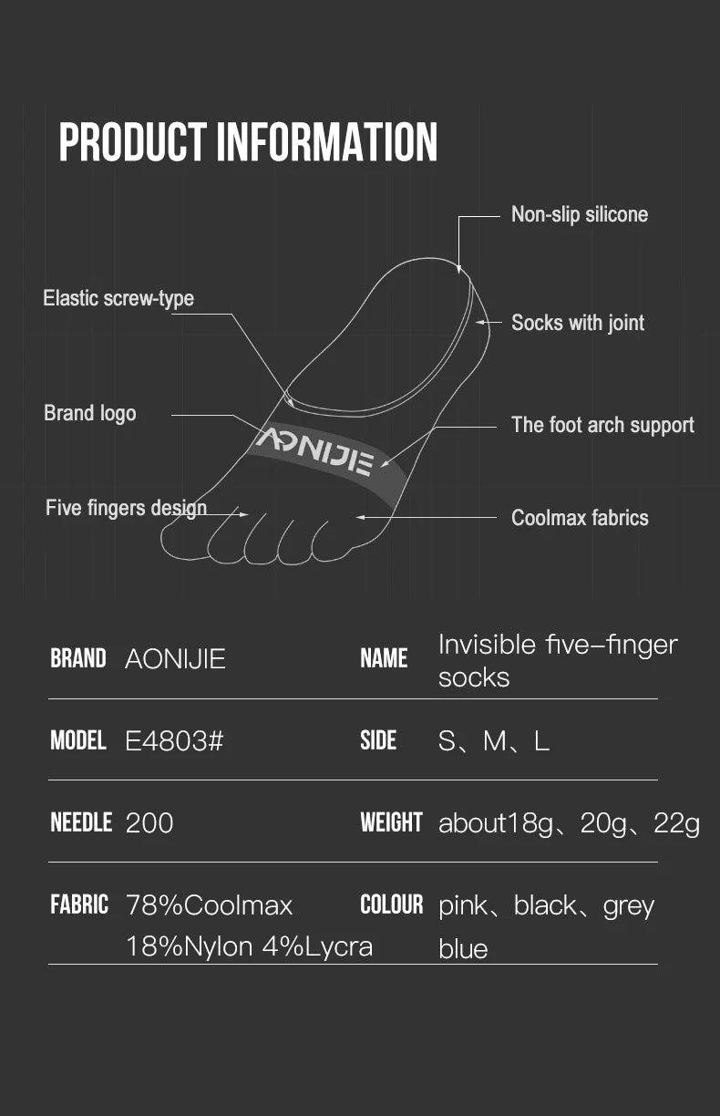 AONIJIE E4803 Sports Invisible Five Toe Running Socks Low-Cut Antiskid Liners