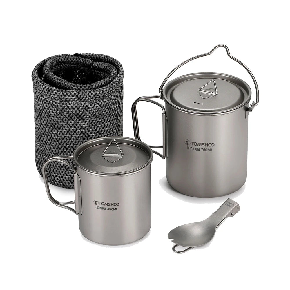 TOMSHOO Titanium Camping Cookware Set 750ml Pot 450ml Cup with Folding Spork