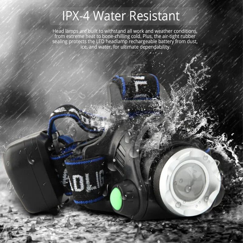 High Lumen Rechargeable LED Headlamp with Zoom Focus, Waterproof, Adjustable Head Strap for Running