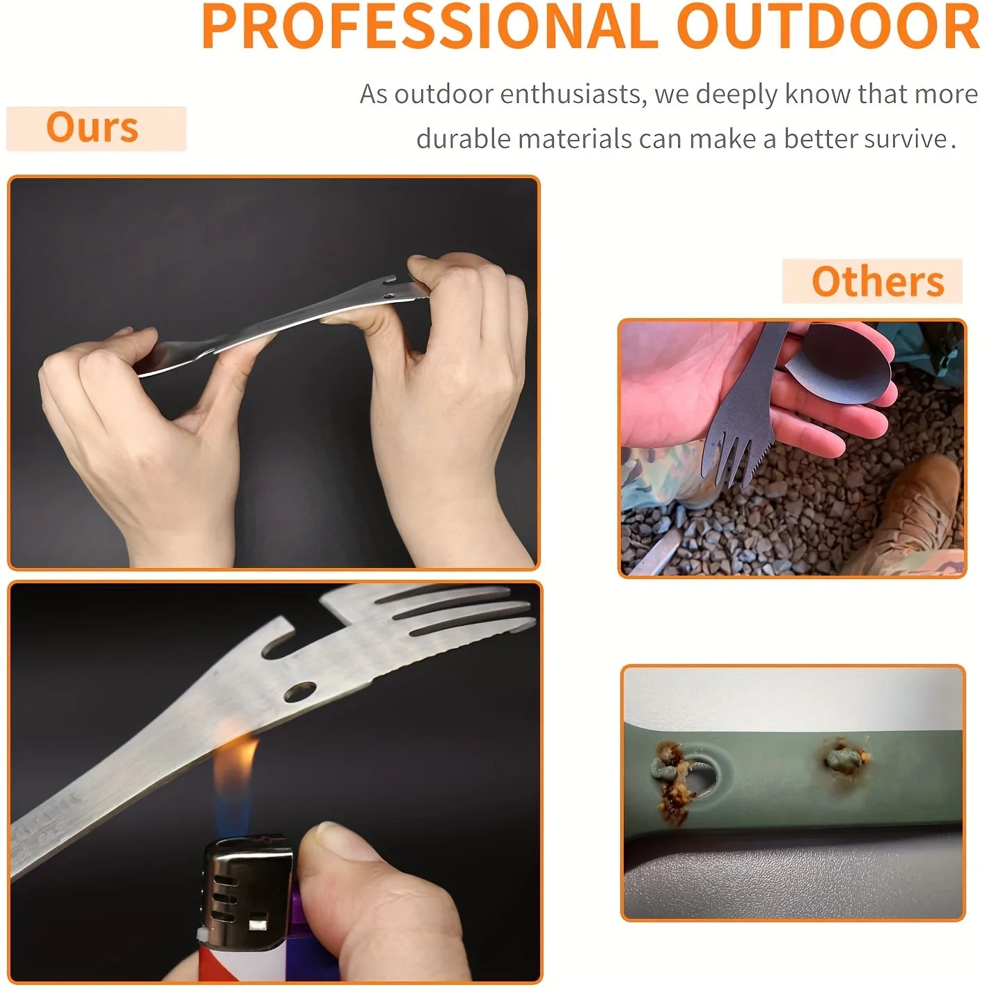 PSKOOK 5-in-1 Stainless Steel Spork Multi-Tool Camping Fork Knife Spoon Opener