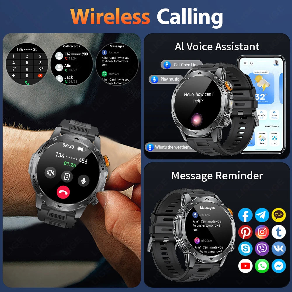 LIGE Smart Watch Men Bluetooth Call Outdoor Fitness Watch AMOLED 1000mAh Waterproof