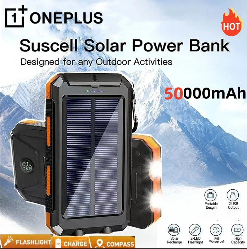 ONEPLUS 50000mAh Solar Power Bank – Fast Charge, LED Light, Outdoor USB Battery Charger