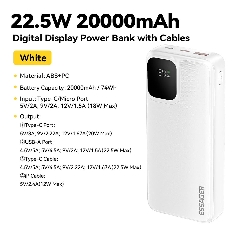 ESSAGER 20000mAh Power Bank 22.5W Fast Charging with Built-in Cables & PD