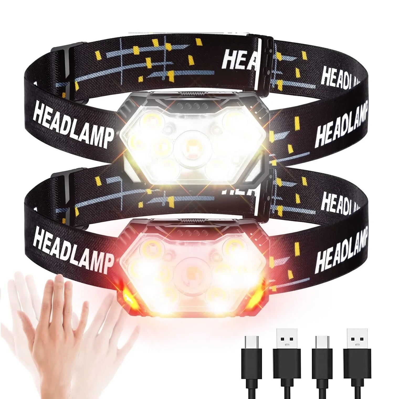 USB Rechargeable 9 LED Headlamp with Motion Sensor, Waterproof Lightweight Head Torch for Running