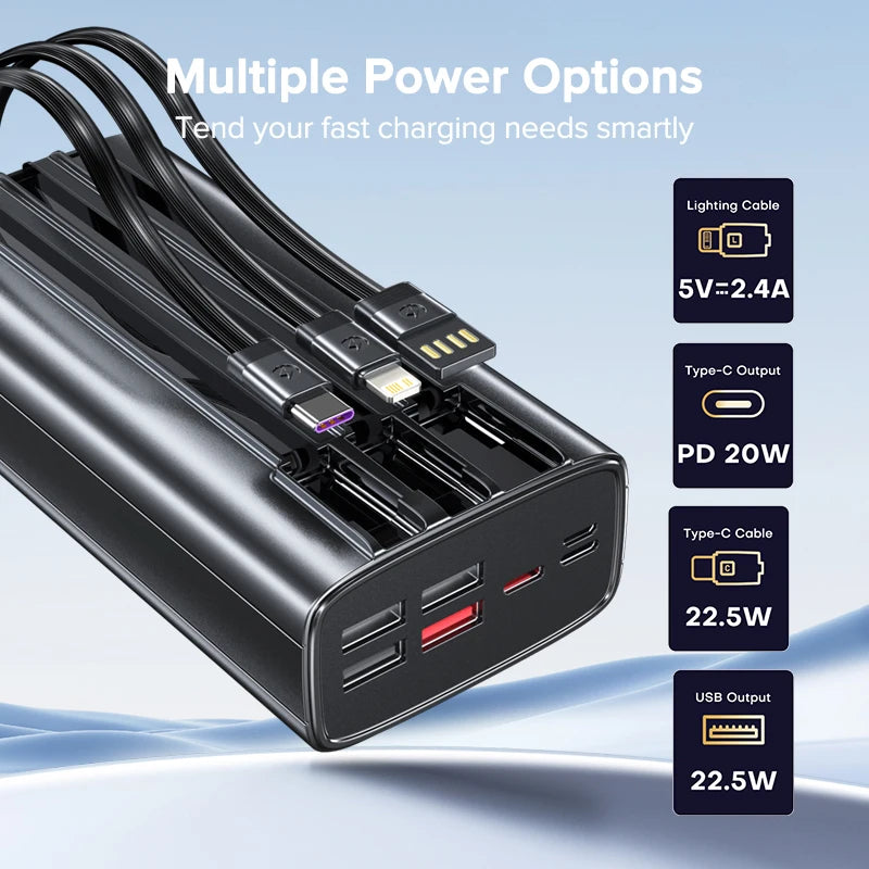 QOOVI 30000mAh Fast Charging Power Bank – Built-in Cables, USB-C, Digital Display Charger