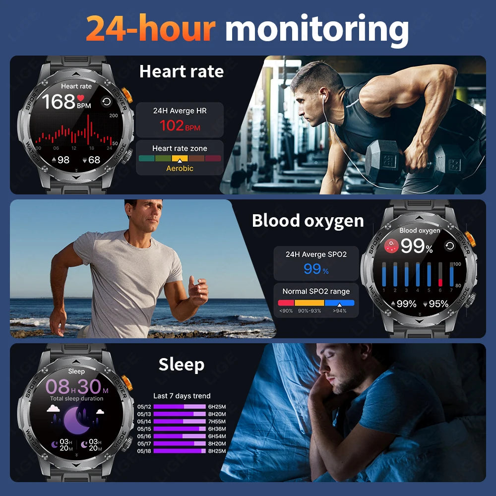 LIGE Smart Watch Men Bluetooth Call Outdoor Fitness Watch AMOLED 1000mAh Waterproof