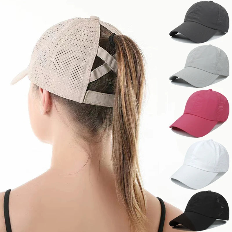 Summer Solid Colour Quick-Dry Baseball Cap with Mesh Ponytail Design